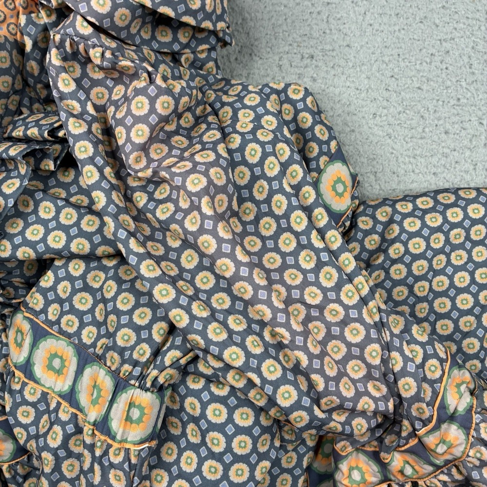 Gretchen Scott Tiered Maxi Dress Ruffle Collar Blue Orange Print Women's Large - Picture 13 of 16